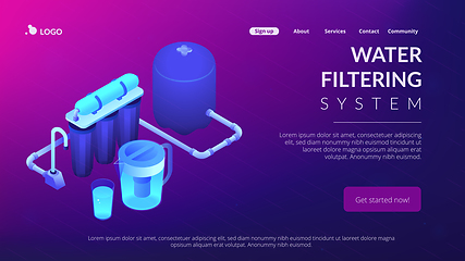 Image showing Water filtering system concept isometric 3D landing page.