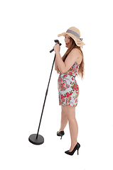 Image showing Woman standing and singing with straw hat