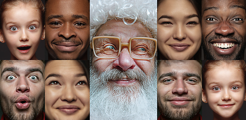 Image showing Emotional Santa Claus and his entourage greeting with New Year and Christmas