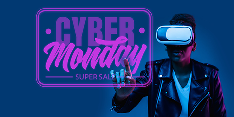 Image showing Half-length close up portrait of young woman in neon light with cyber monday lettering