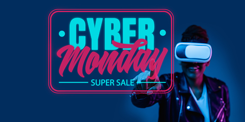 Image showing Half-length close up portrait of young woman in neon light with cyber monday lettering