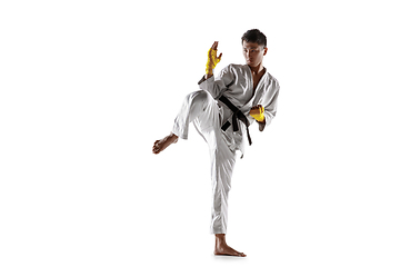 Image showing Confident korean man in kimono practicing hand-to-hand combat, martial arts