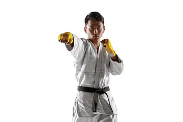 Image showing Confident korean man in kimono practicing hand-to-hand combat, martial arts