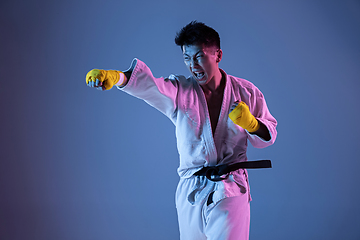 Image showing Confident korean man in kimono practicing hand-to-hand combat, martial arts
