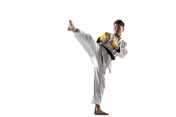 Image showing Confident korean man in kimono practicing hand-to-hand combat, martial arts