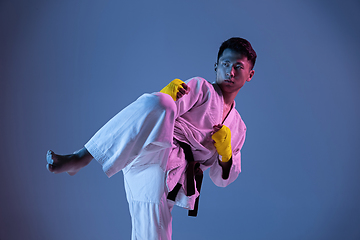 Image showing Confident korean man in kimono practicing hand-to-hand combat, martial arts