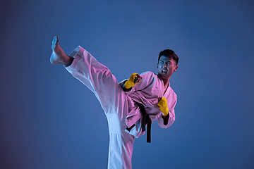 Image showing Confident korean man in kimono practicing hand-to-hand combat, martial arts