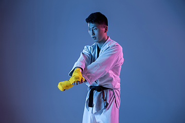 Image showing Confident korean man in kimono practicing hand-to-hand combat, martial arts