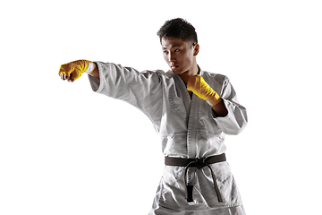 Image showing Confident korean man in kimono practicing hand-to-hand combat, martial arts