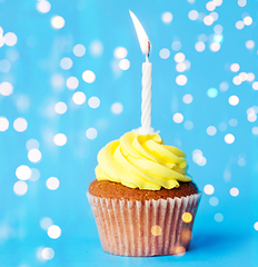 Image showing birthday cupcake with one burning candle