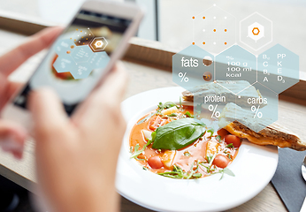 Image showing hands with phone and food nutritional value chart