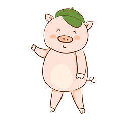 Image showing Drawing of a cartoon pig in a green summer cap waving his hand v