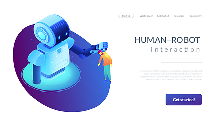 Image showing Human-robot interaction isometric 3D landing page.