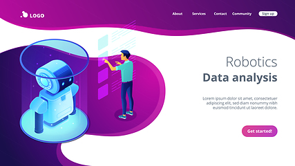 Image showing Robotics data analysis isometric 3D landing page.