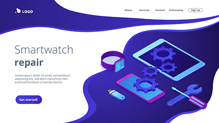 Image showing Mobile device repair concept isometric 3D landing page.