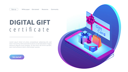 Image showing Digital gift card isometric 3D landing page.