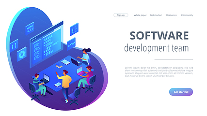 Image showing Software development team isometric 3D landing page.