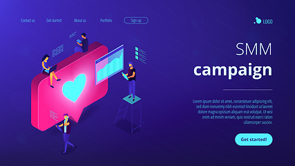 Image showing Social media engagement isometric 3D landing page.