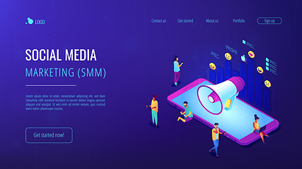 Image showing Social media marketing isometric 3D landing page.