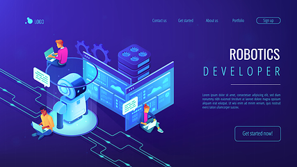 Image showing Robotics developer isometric 3D landing page.