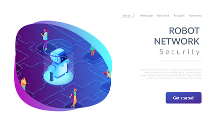 Image showing Social robotics isometric 3D landing page.