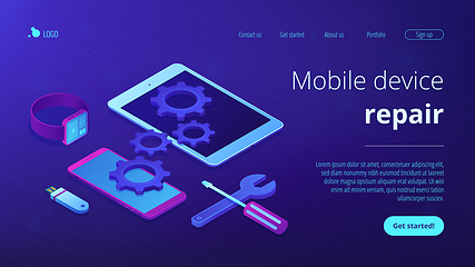 Image showing Mobile device repair concept isometric 3D landing page.