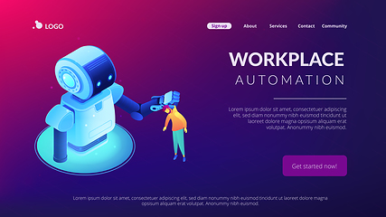 Image showing Human-robot interaction isometric 3D landing page.