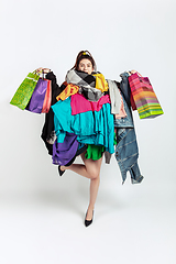 Image showing Woman addicted of sales and clothes, overproduction and crazy demand