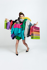 Image showing Woman addicted of sales and clothes, overproduction and crazy demand