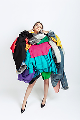 Image showing Woman addicted of sales and clothes, overproduction and crazy demand