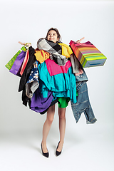 Image showing Woman addicted of sales and clothes, overproduction and crazy demand