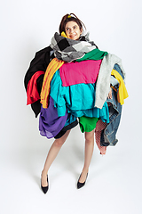 Image showing Woman addicted of sales and clothes, overproduction and crazy demand