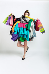 Image showing Woman addicted of sales and clothes, overproduction and crazy demand