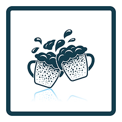 Image showing Two clinking beer mugs with fly off foam icon