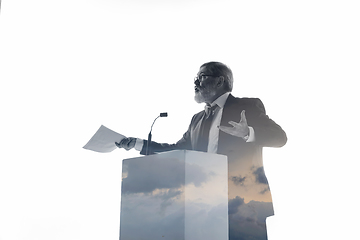 Image showing Speaker, coach or chairman during politician speech on white background