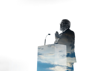 Image showing Speaker, coach or chairman during politician speech on white background