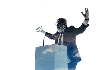 Image showing Speaker, coach or chairman during politician speech on white background