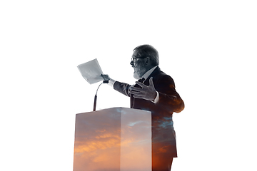 Image showing Speaker, coach or chairman during politician speech on white background