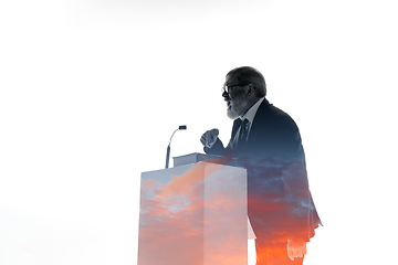 Image showing Speaker, coach or chairman during politician speech on white background