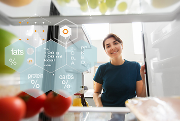 Image showing happy woman at open fridge at home kitchen