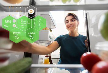 Image showing happy woman taking food from fridge at home