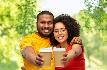 Image showing happy african american couple with coffee cups
