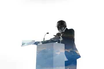 Image showing Speaker, coach or chairman during politician speech on white background