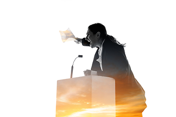 Image showing Speaker, coach or chairwoman during politician speech on white background