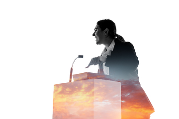 Image showing Speaker, coach or chairwoman during politician speech on white background