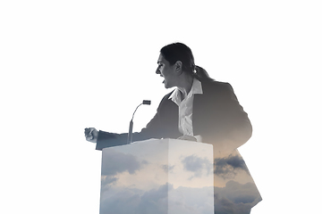 Image showing Speaker, coach or chairwoman during politician speech on white background