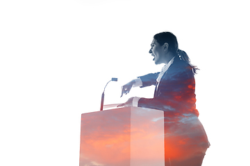 Image showing Speaker, coach or chairwoman during politician speech on white background