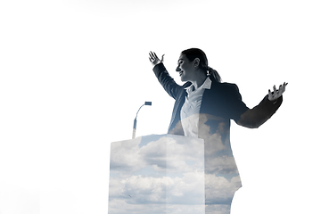 Image showing Speaker, coach or chairwoman during politician speech on white background