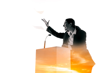 Image showing Speaker, coach or chairwoman during politician speech on white background