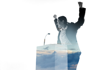 Image showing Speaker, coach or chairwoman during politician speech on white background